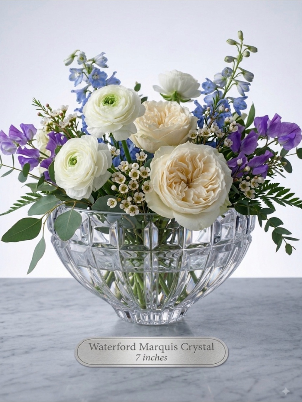 Waterford Crystal Clear Bowl with White, Purple, and Blue Floral Accent